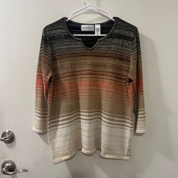 Alfred Dunner Womens Orange Cream Striped Quarter Sleeves Top Size Small - Picture 5 of 10